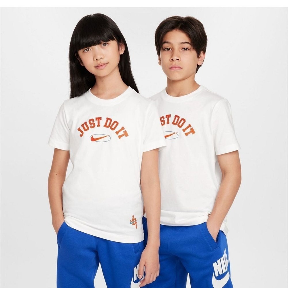 Nike Kids Just Do It Graphic Tee White Orange FZ5131-100 Short Sleeve Shirt L